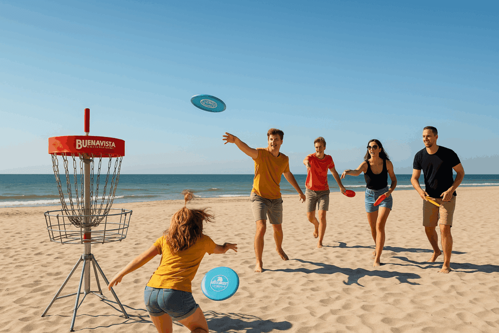 Eeen groep mensen spelen Disc Golf op het strand van scheveningen