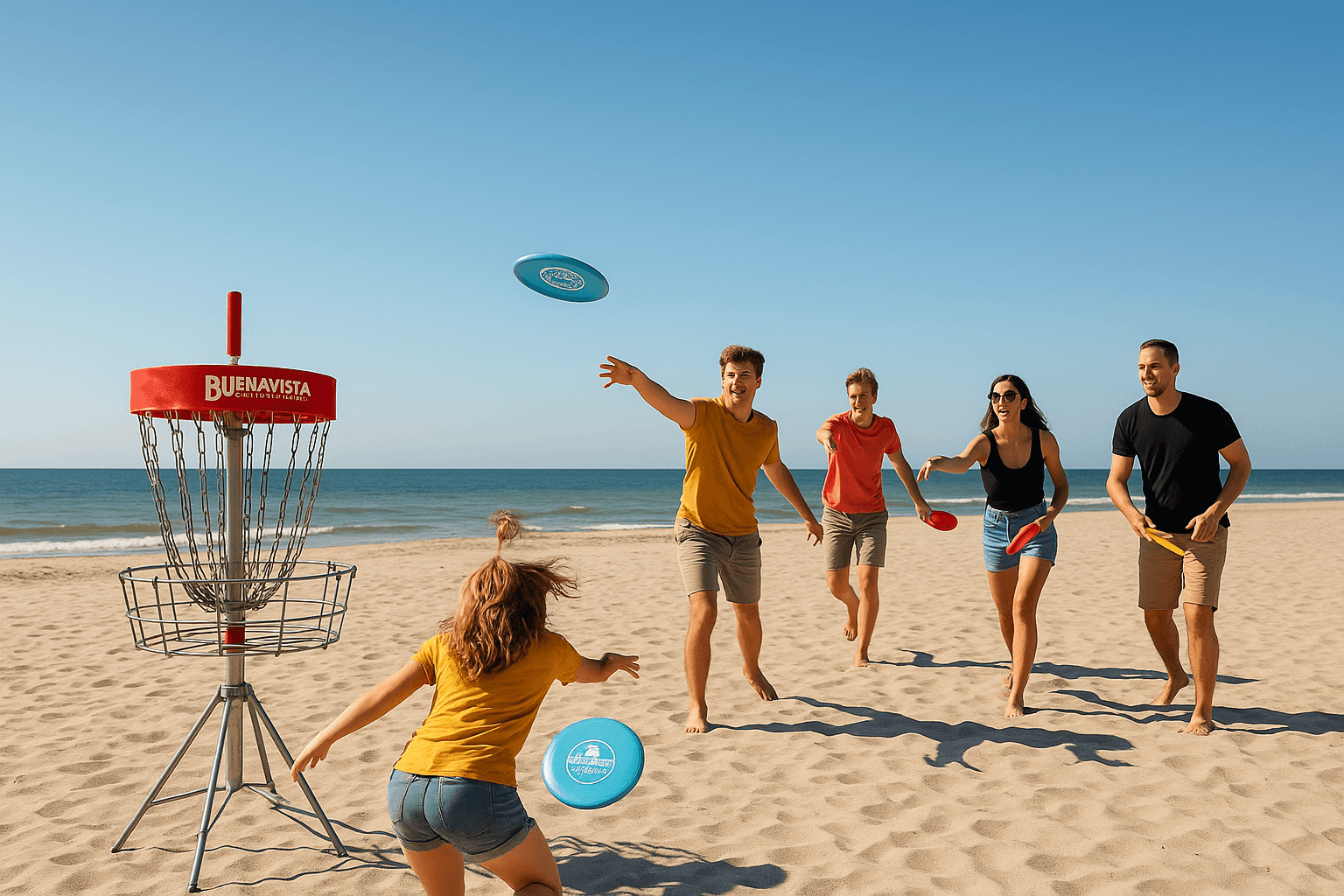 Eeen groep mensen spelen Disc Golf op het strand van scheveningen
